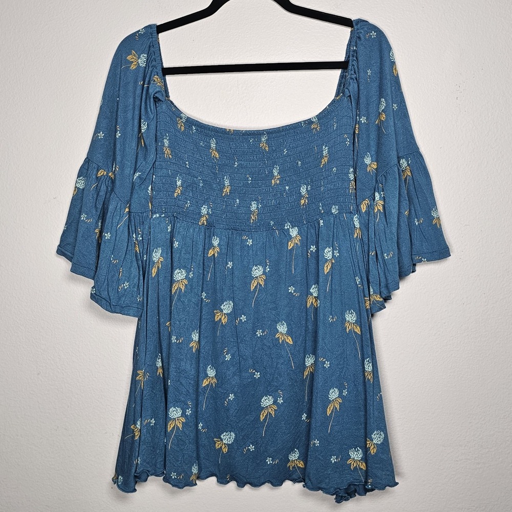 Free People Womens Small Ruched Bell Sleeve‎ Off Shoulder Blue Floral Boho Top